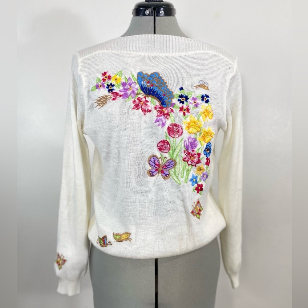 Vintage 80s Embroidered Flowers Butterflies Whimsical Colorful Fairy Romantic Sm